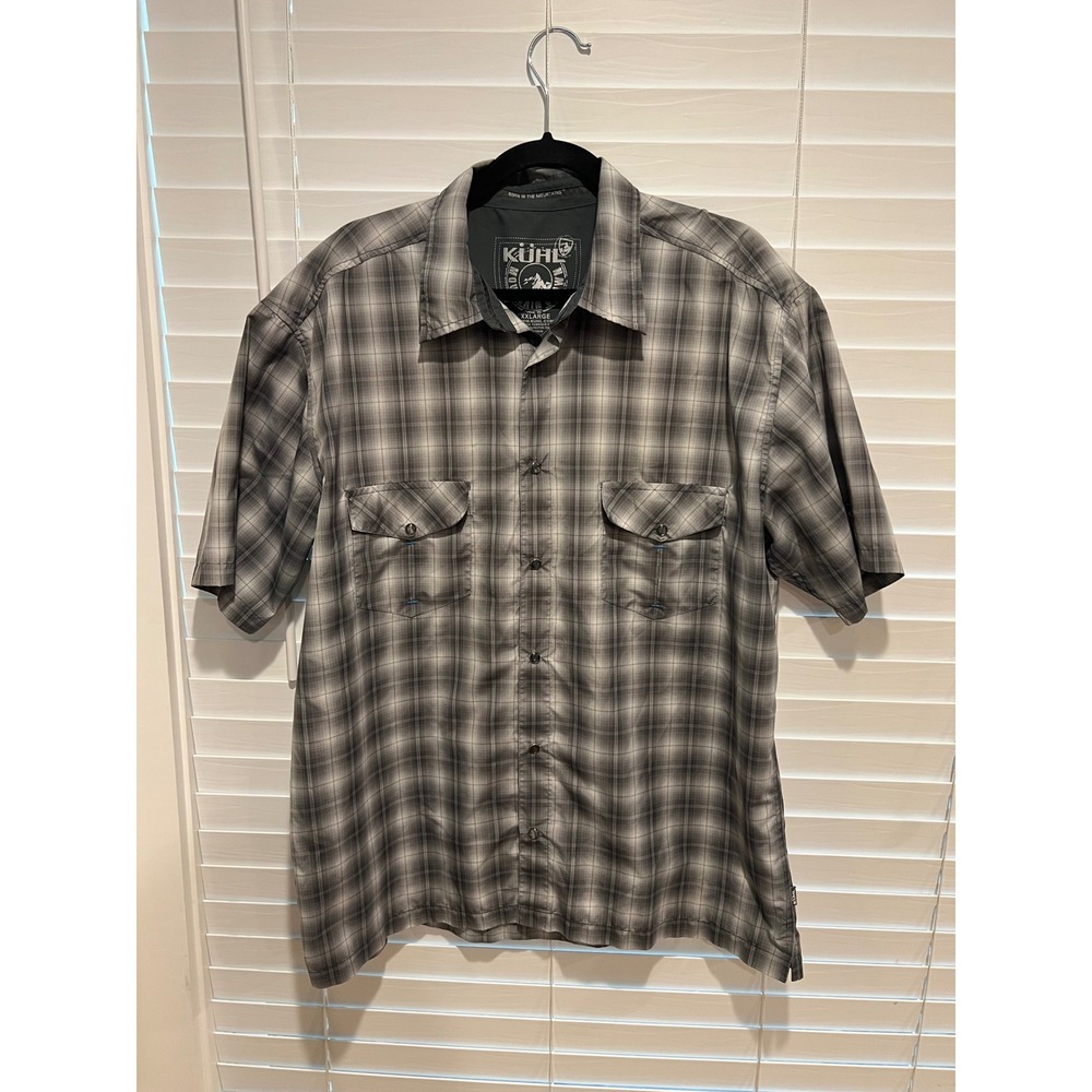 KUHL Mens XXL Plaid Pearl Snap Short Sleeve Button Down Shirt Gray Western‎